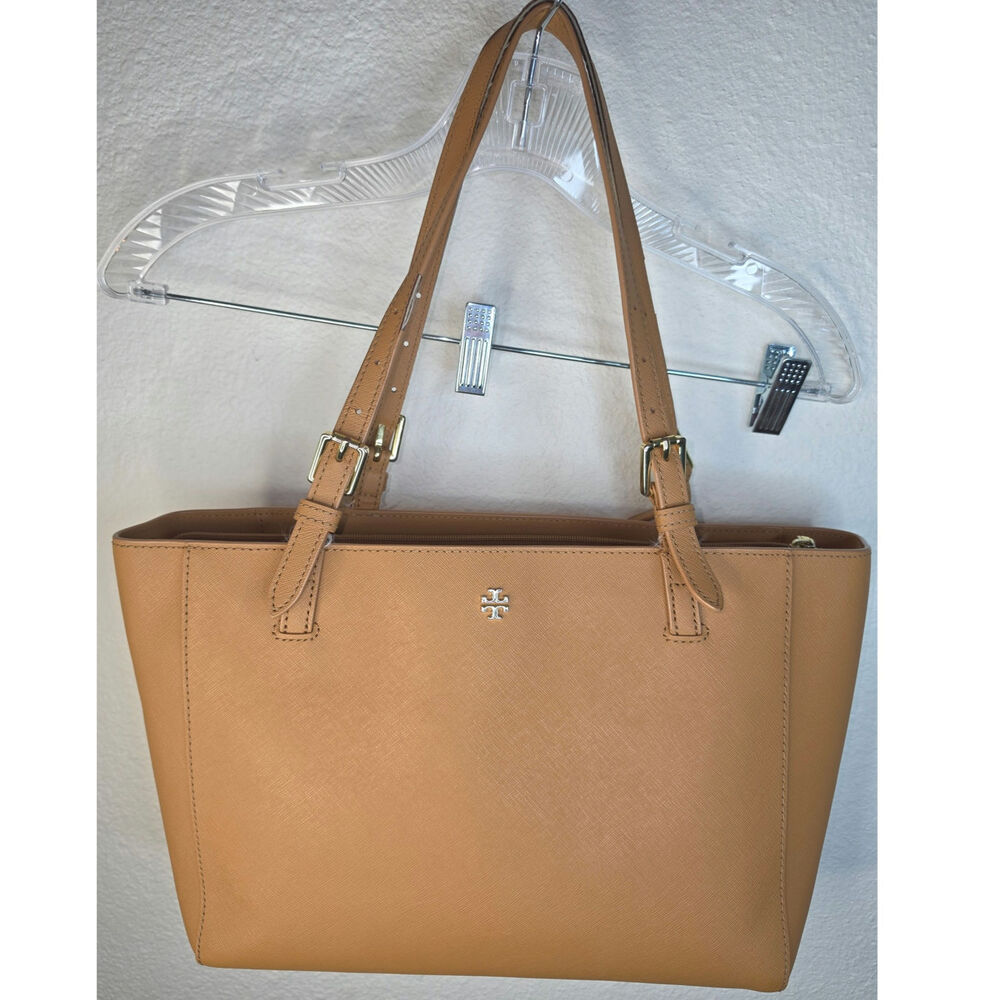 Tan Saffiano Leather Tory Burch Large Emerson Buckle Tote Dual Adjustable Handle